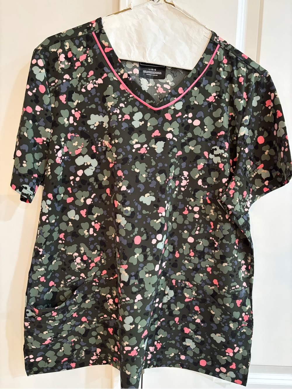 Cherokee Scrub Top: Dark Green Camouflage Print V-Neck Top with Pink Trim